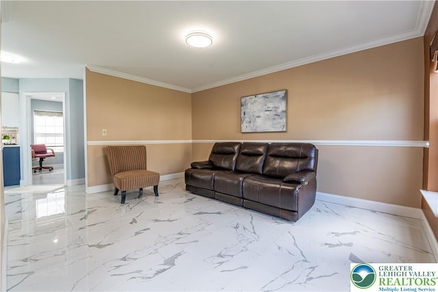 living room with marble finish floors, crown molding, and baseboards