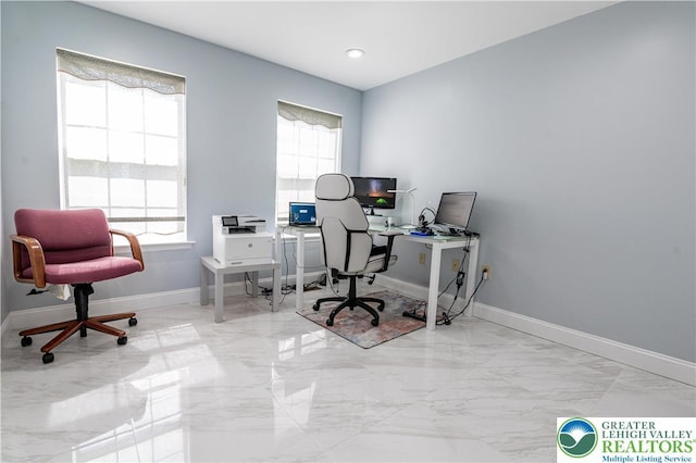 home office with marble tiled floors, baseboards, and recessed lighting