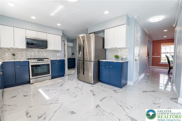 kitchen with stainless steel appliances, blue cabinetry, decorative backsplash, white cabinets, and recessed lighting