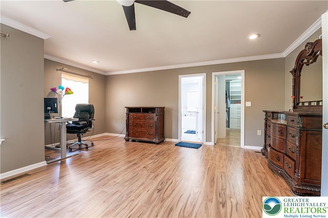 office area featuring ceiling fan, light wood-style flooring, ornamental molding, baseboards, and recessed lighting