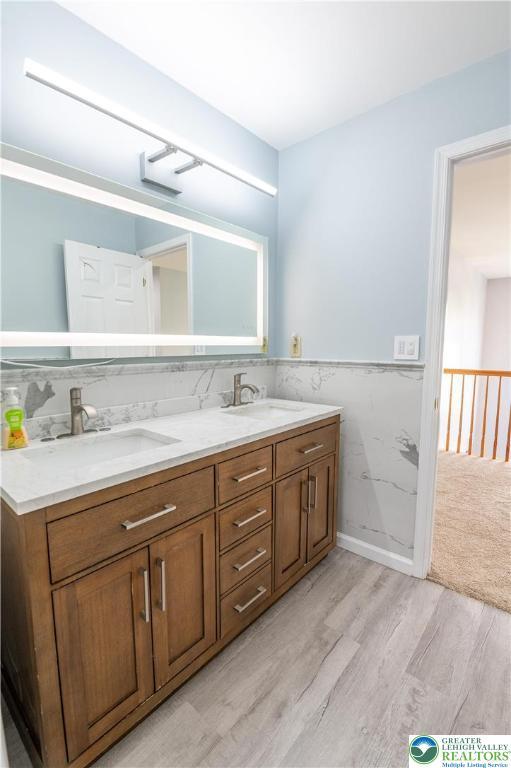 bathroom featuring wood finished floors and double vanity