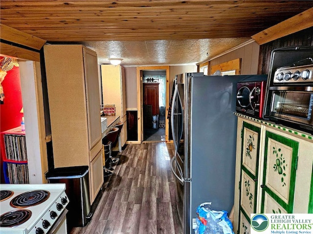 999 Glass St, Pen Argyl Borough, PA 18072 - kitchen with wood ceiling, freestanding refrigerator, dark wood-style floors, white range with electric cooktop, and wooden walls
