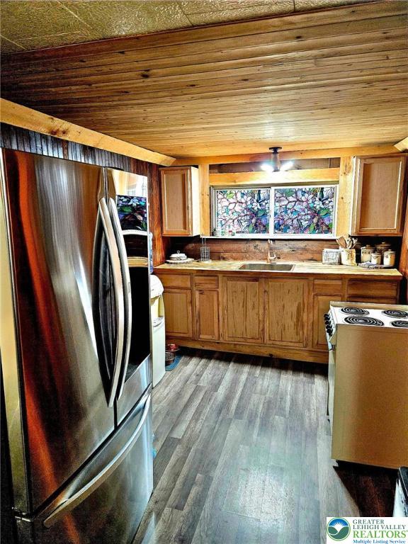 999 Glass St, Pen Argyl Borough, PA 18072 - kitchen featuring smart refrigerator, a sink, white range with electric stovetop, wood finished floors, and wood ceiling