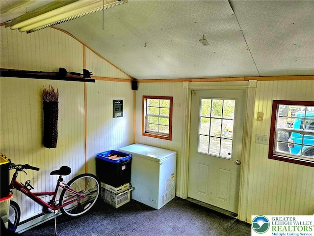 999 Glass St, Pen Argyl Borough, PA 18072 - doorway with dark colored carpet, vaulted ceiling, and wooden walls