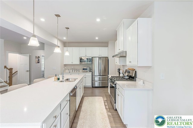 kitchen with stainless steel appliances, a sink, under cabinet range hood, white cabinets, and a spacious island