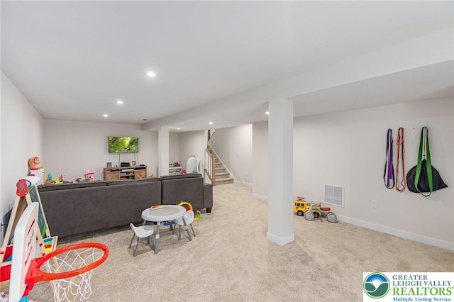 rec room with recessed lighting, carpet, and baseboards