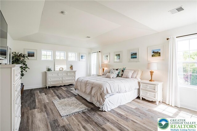 bedroom featuring a tray ceiling, wood finished floors, and baseboards