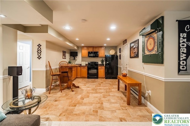 kitchen with black appliances, baseboards, light stone finish flooring, recessed lighting, and brown cabinets