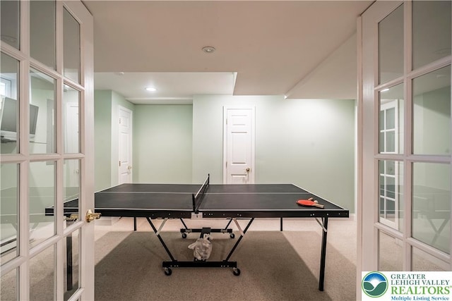 playroom featuring carpet flooring, french doors, and recessed lighting