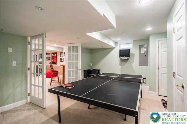 game room with french doors, electric panel, baseboards, carpet floors, and recessed lighting