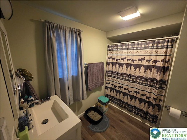 bathroom featuring a sink, wood finished floors, and a shower with curtain
