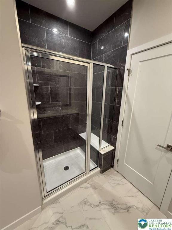 6907 Cedar Dr, East Allen Twp, PA 18014 - full bath featuring marble look tile flooring, a stall shower, baseboards, and recessed lighting