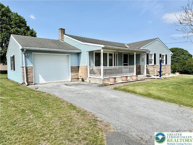 8173 Holbens Valley Rd, Weisenberg Twp, PA 18066 - ranch-style home featuring an attached garage, a porch, a chimney, and stone siding