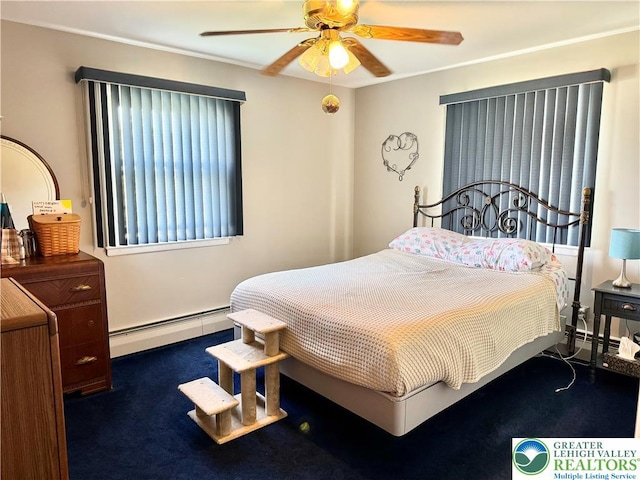 8173 Holbens Valley Rd, Weisenberg Twp, PA 18066 - carpeted bedroom with a baseboard radiator, ceiling fan, and ornamental molding