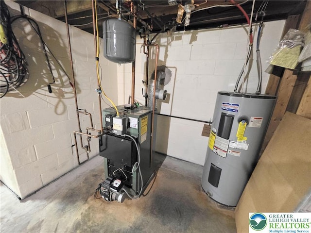 utility room with electric water heater and a heating unit
