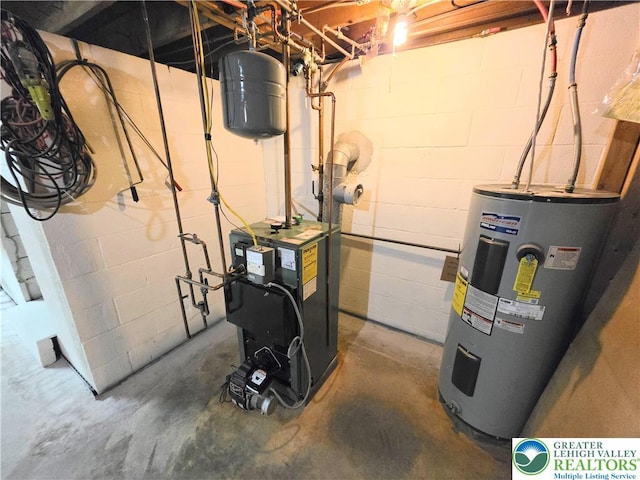 utility room featuring electric water heater and a heating unit