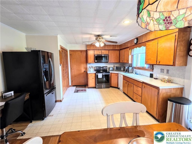 kitchen featuring range with electric cooktop, stainless steel microwave, fridge with ice dispenser, white dishwasher, and brown cabinets