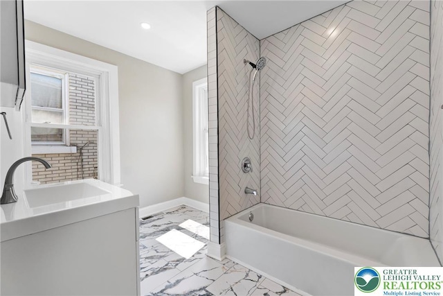 410 E Hamilton St, Allentown City, PA 18109 - bathroom with shower / bathtub combination, marble finish floors, recessed lighting, vanity, and baseboards