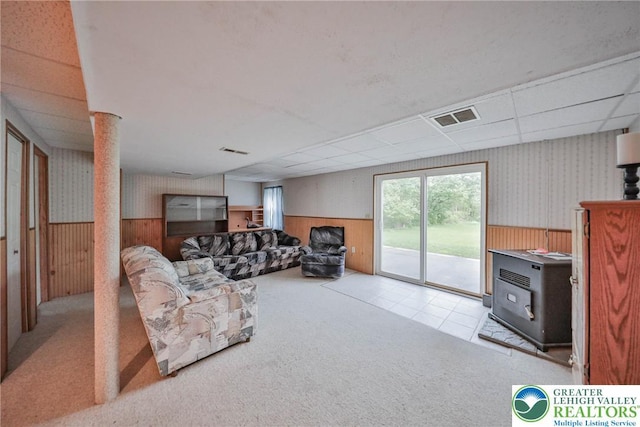 4579 W Mountain View Dr, Lehigh Twp, PA 18088 - living room with wainscoting, wallpapered walls, carpet floors, and a paneled ceiling