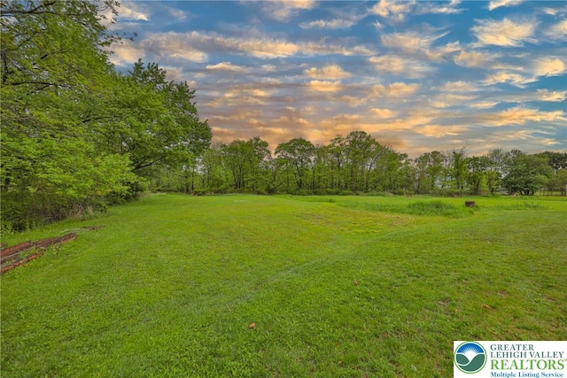 4579 W Mountain View Dr, Lehigh Twp, PA 18088 - yard at dusk featuring a lawn and view of wooded area
