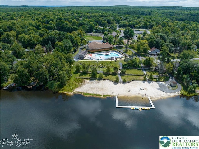 1918 Horseshoe, Coolbaugh Twp, PA 18466 - aerial view of property's location with a heavily wooded area, a pool area, and a nearby body of water