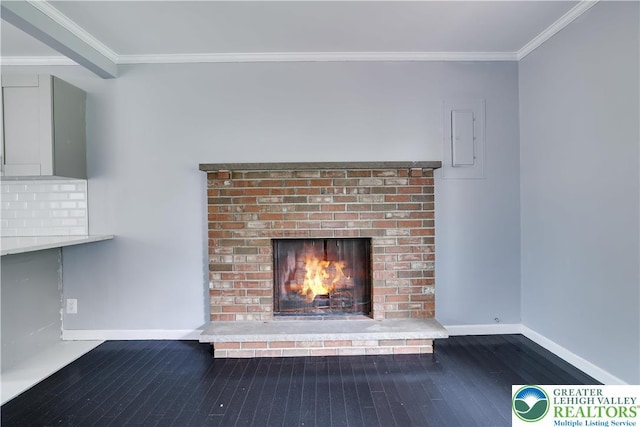 1918 Horseshoe, Coolbaugh Twp, PA 18466 - detailed view of a fireplace, wood finished floors, crown molding, baseboards, and electric panel