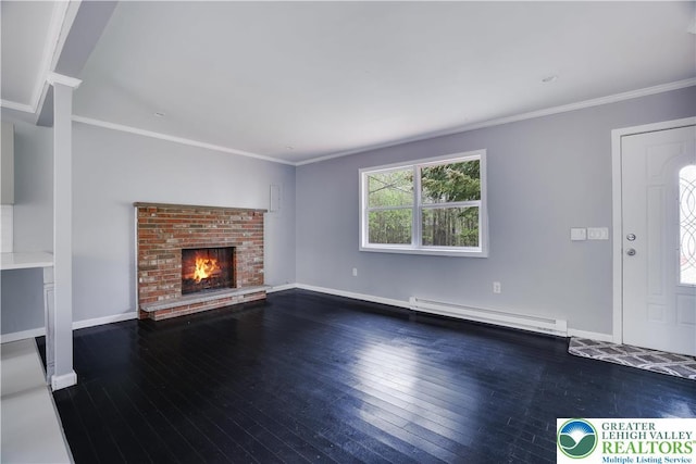 1918 Horseshoe, Coolbaugh Twp, PA 18466 - unfurnished living room featuring baseboard heating, wood-type flooring, a brick fireplace, baseboards, and crown molding