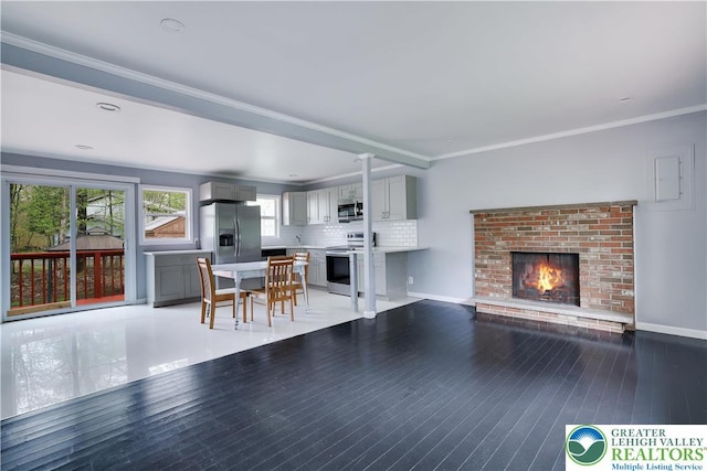 1918 Horseshoe, Coolbaugh Twp, PA 18466 - living room with a fireplace, light wood-type flooring, baseboards, and ornamental molding