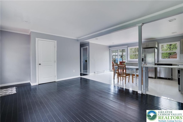 1918 Horseshoe, Coolbaugh Twp, PA 18466 - living area with a baseboard heating unit, baseboards, wood-type flooring, and ornamental molding