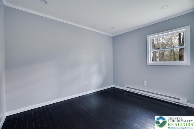 1918 Horseshoe, Coolbaugh Twp, PA 18466 - spare room featuring a baseboard radiator, baseboards, dark wood-style flooring, and crown molding