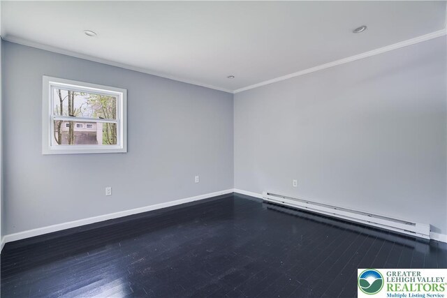 1918 Horseshoe, Coolbaugh Twp, PA 18466 - unfurnished room featuring a baseboard radiator, wood finished floors, baseboards, crown molding, and recessed lighting