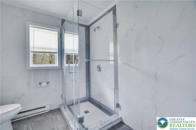 1918 Horseshoe, Coolbaugh Twp, PA 18466 - full bath featuring a baseboard heating unit, a shower stall, toilet, and tile walls