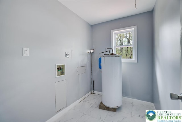 1918 Horseshoe, Coolbaugh Twp, PA 18466 - laundry area featuring hookup for an electric dryer, gas water heater, marble look tiles, washer hookup, and baseboards