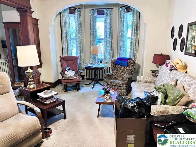 520 2nd St, Catasauqua Borough, PA 18032 - living area featuring arched walkways, radiator, and light carpet