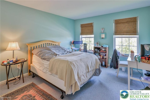 carpeted bedroom with baseboards and a desk
