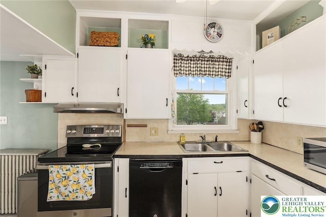 kitchen featuring stainless steel appliances, open shelves, a sink, under cabinet range hood, and decorative backsplash