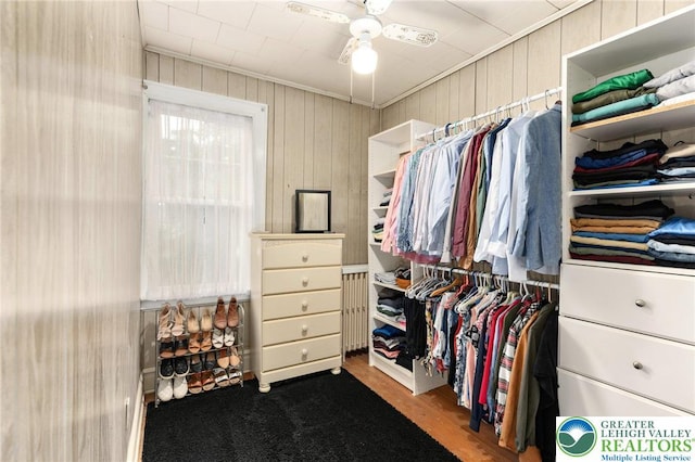 spacious closet featuring radiator, wood finished floors, and ceiling fan