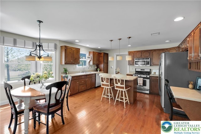 kitchen with appliances with stainless steel finishes, a sink, a kitchen island, light countertops, and a kitchen bar