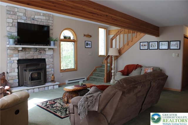 carpeted living room with a baseboard heating unit, stairway, beamed ceiling, and baseboards