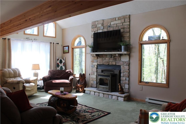 carpeted living room with baseboard heating, lofted ceiling, and a wood stove