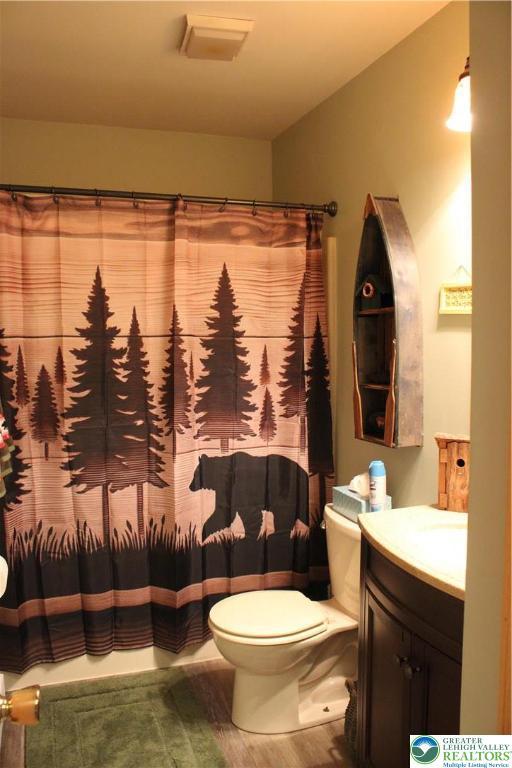 bathroom featuring vanity, toilet, and wood finished floors