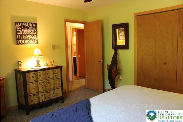 bedroom with carpet flooring and a closet