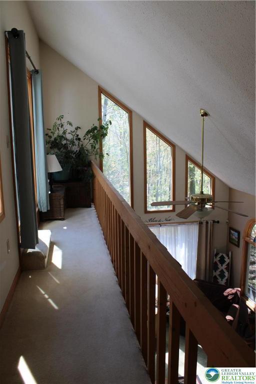 hall featuring lofted ceiling and light carpet