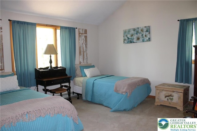 carpeted bedroom featuring vaulted ceiling