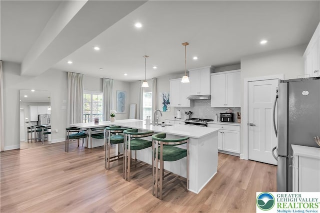 8202 Young Blvd, Upper Macungie Twp, PA 18051 - kitchen featuring appliances with stainless steel finishes, under cabinet range hood, an island with sink, recessed lighting, and white cabinetry