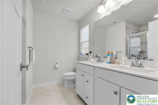 8202 Young Blvd, Upper Macungie Twp, PA 18051 - bathroom featuring toilet, a shower stall, baseboards, double vanity, and tile patterned flooring