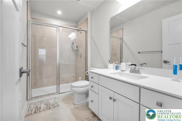 8202 Young Blvd, Upper Macungie Twp, PA 18051 - bathroom with a shower stall, tile patterned flooring, toilet, vanity, and recessed lighting