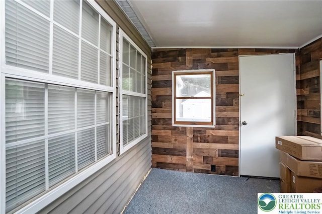 unfurnished room featuring wooden walls and carpet