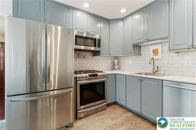 kitchen with stainless steel appliances, a sink, gray cabinetry, light wood-style floors, and backsplash