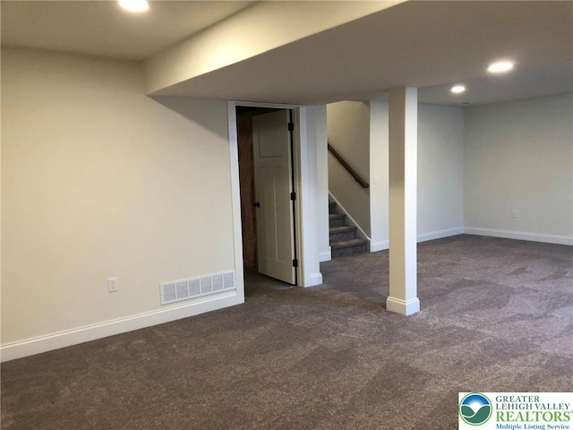 65 Island Ct, Williams Twp, PA 18042 - finished basement with carpet flooring, stairway, recessed lighting, and baseboards